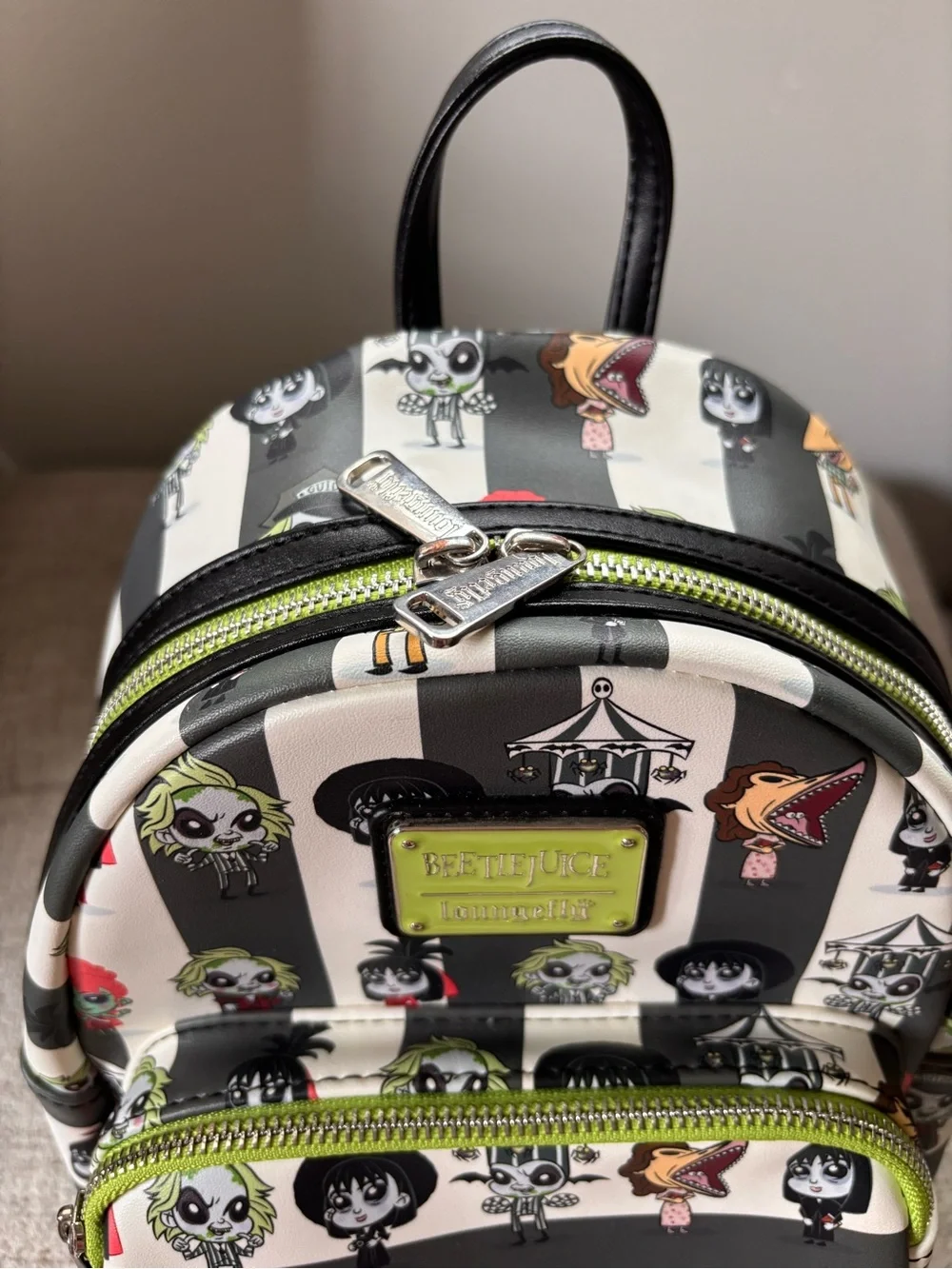 Loungefly Beetlejuice Mini Backpack Black Striped Chibi Character Print NWT